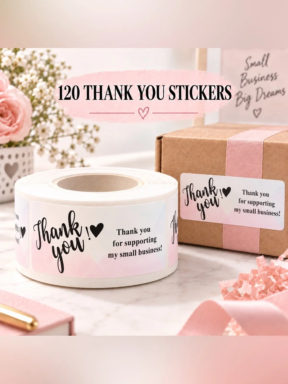 120 Thank You Sticker Roll - Pink 